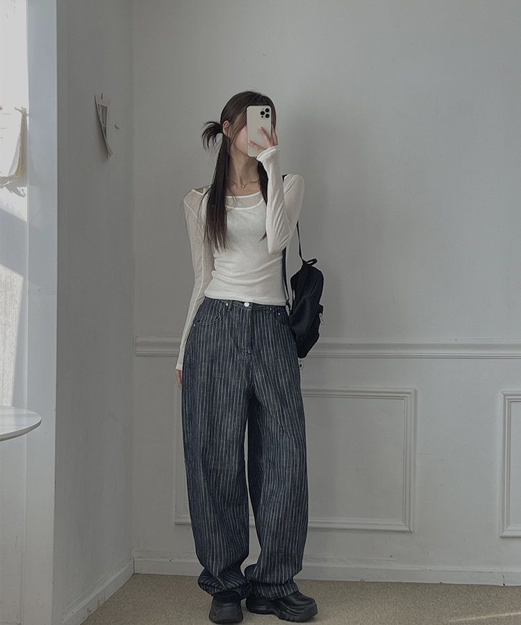 ストライプバルーンデニムパンツ DARK DENIM