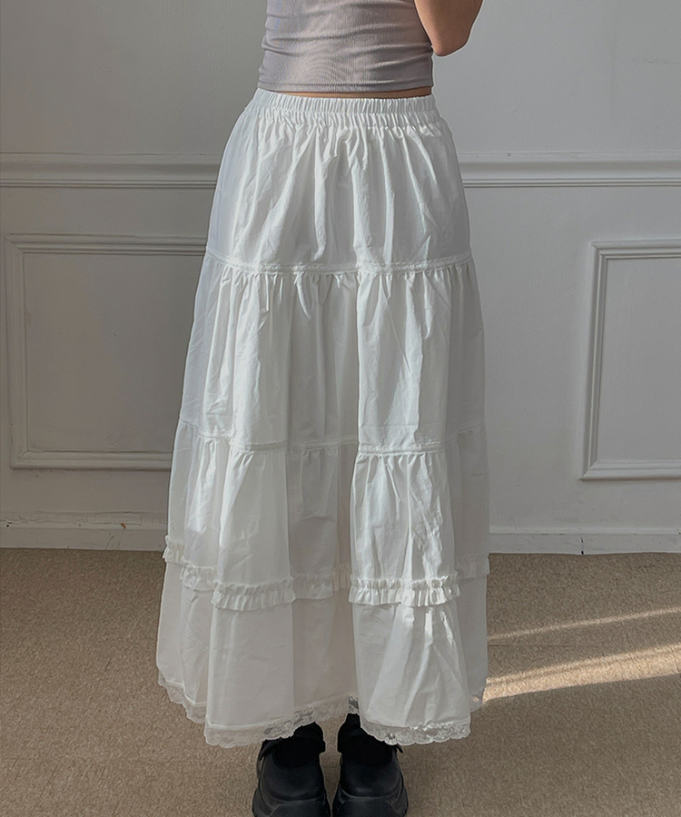 レースティアードプリーツロングスカート WHITE