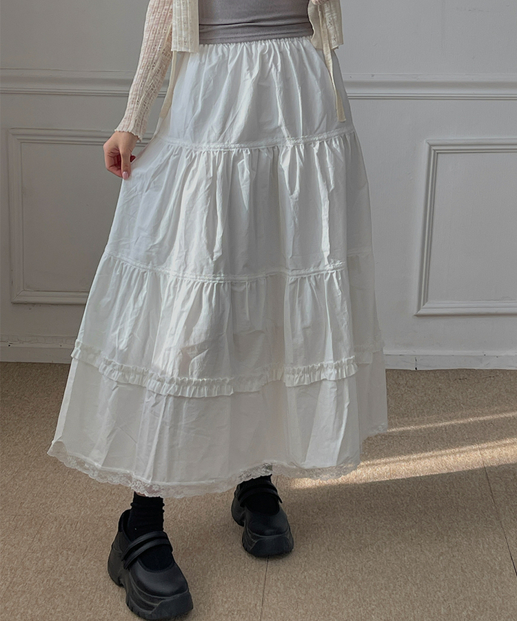 レースティアードプリーツロングスカート WHITE