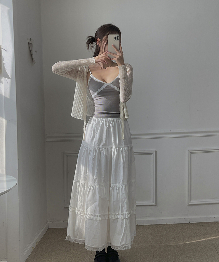 レースティアードプリーツロングスカート WHITE