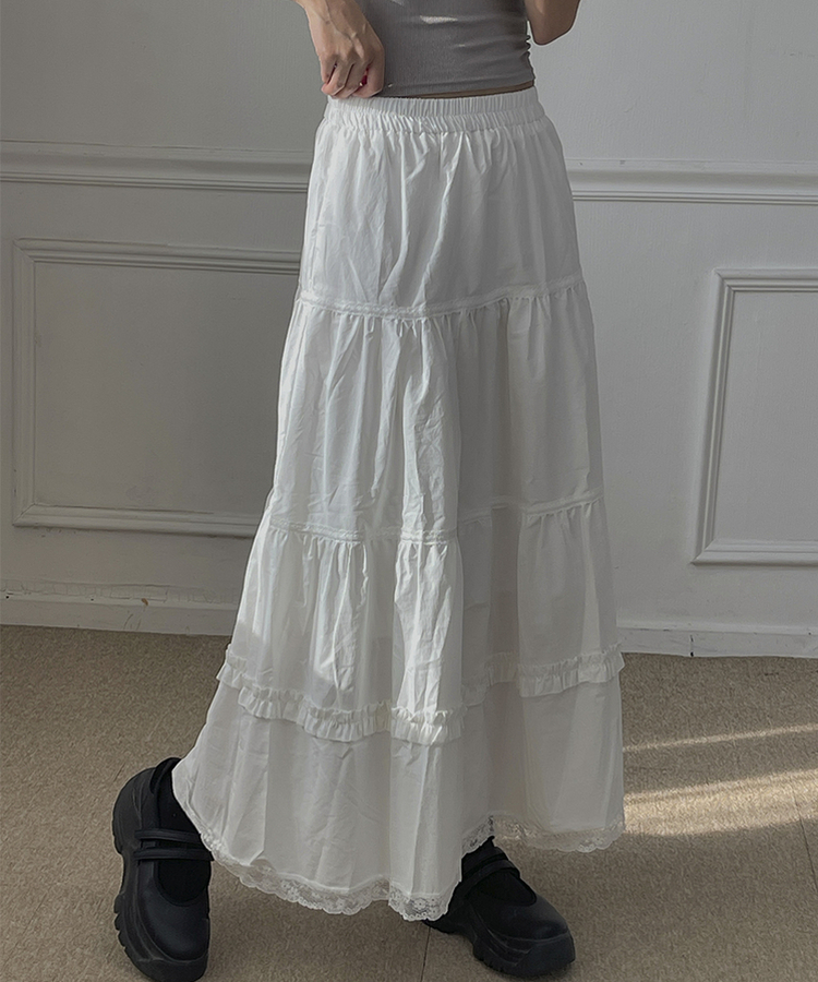 レースティアードプリーツロングスカート WHITE