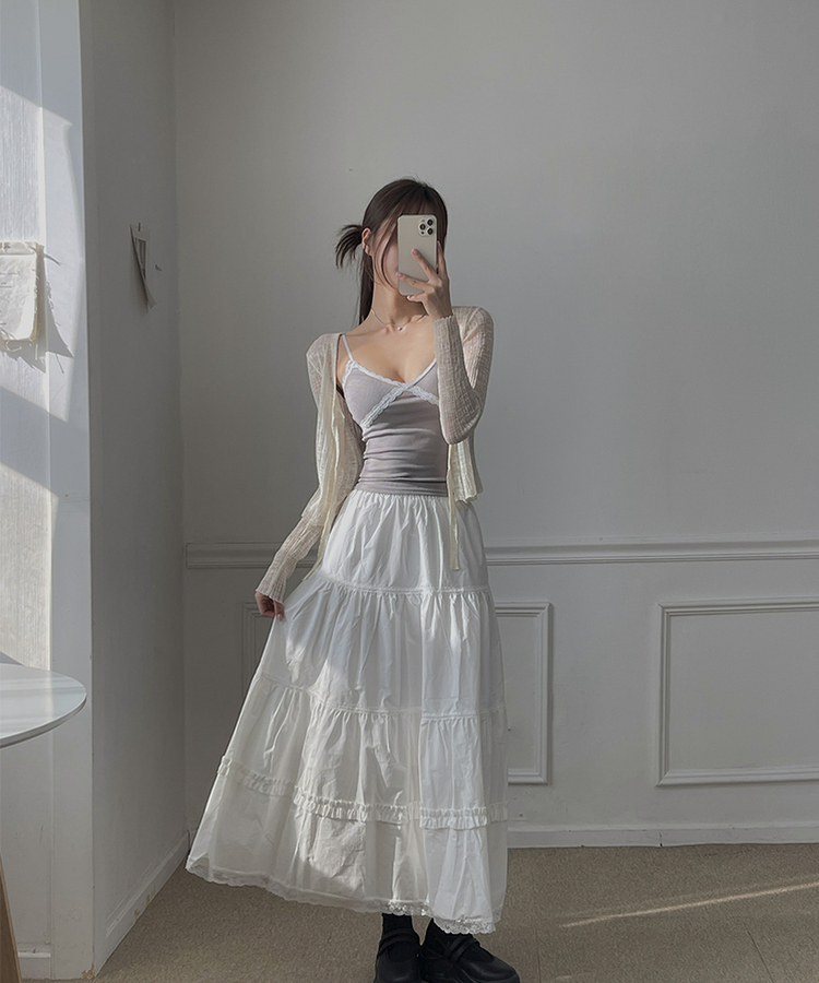レースティアードプリーツロングスカート WHITE