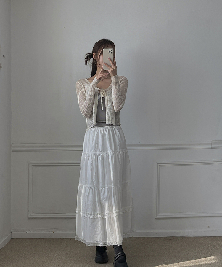 レースティアードプリーツロングスカート WHITE