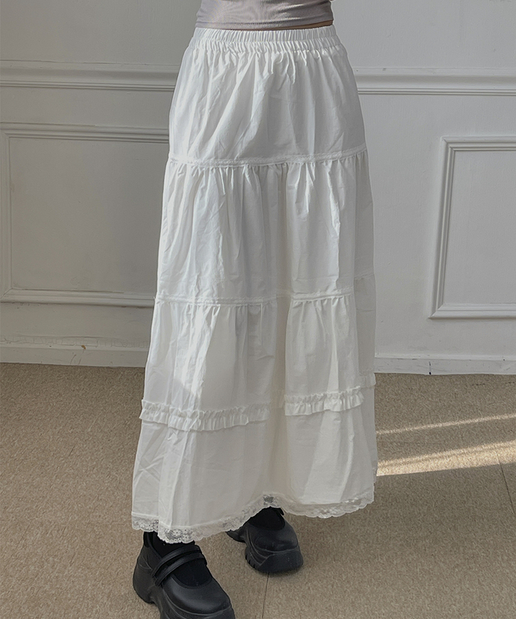 レースティアードプリーツロングスカート WHITE