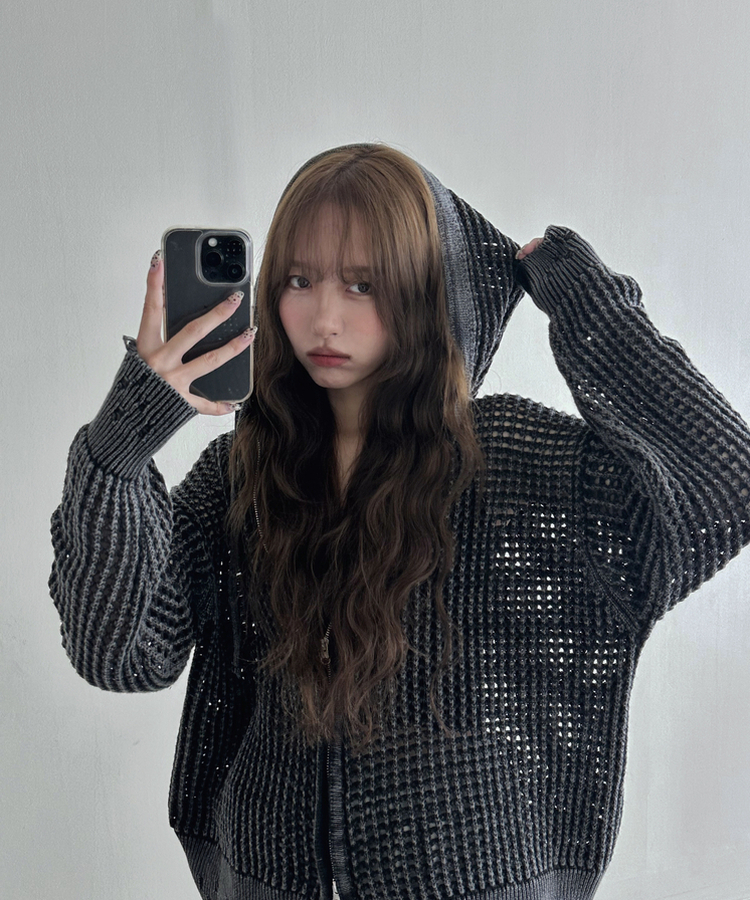 ダメージニットフードジップアップ BLACK