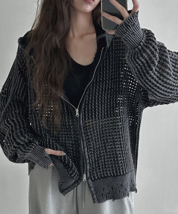 ダメージニットフードジップアップ BLACK