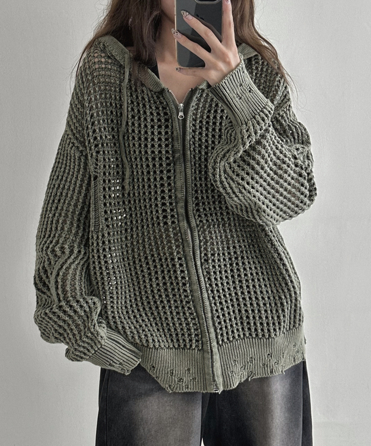 ダメージニットフードジップアップ KHAKI
