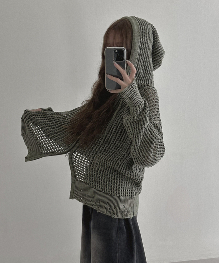 ダメージニットフードジップアップ KHAKI