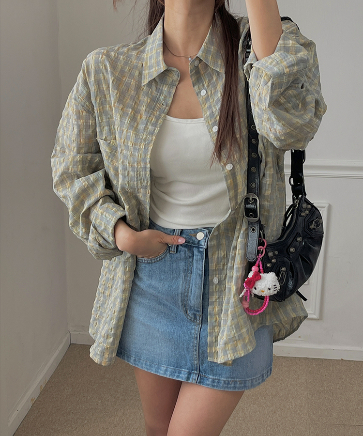 チェックリネンロングシャツ GREY