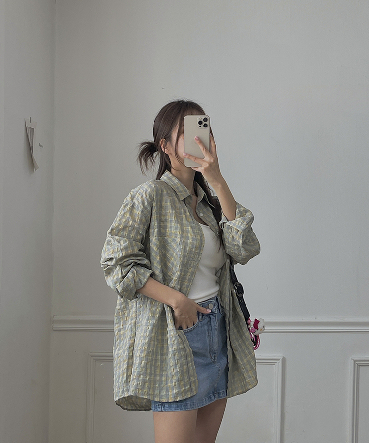 チェックリネンロングシャツ GREY