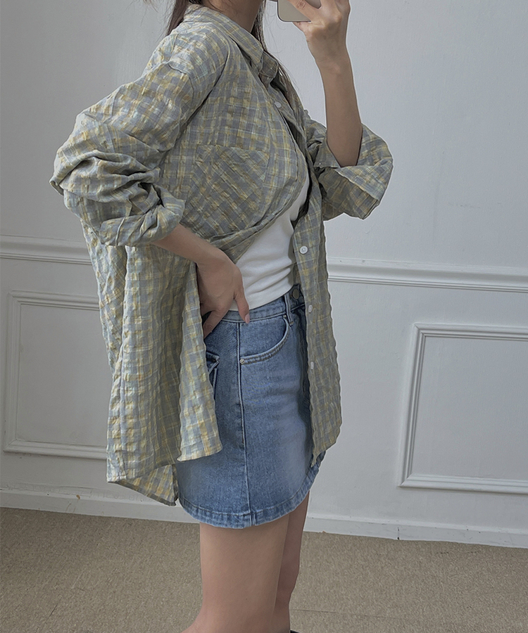 チェックリネンロングシャツ GREY