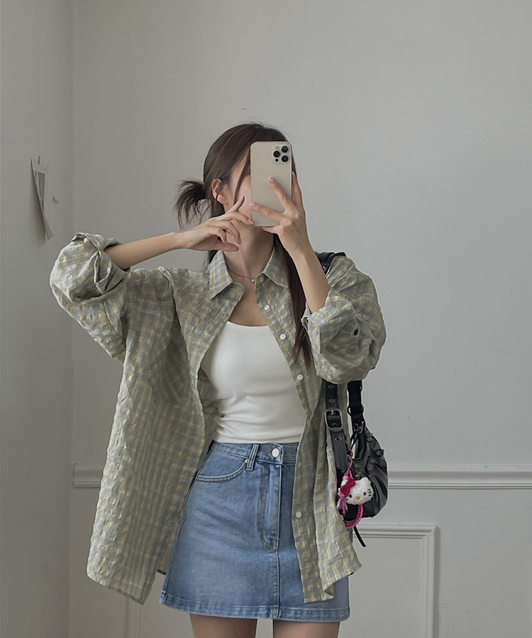 チェックリネンロングシャツ GREY