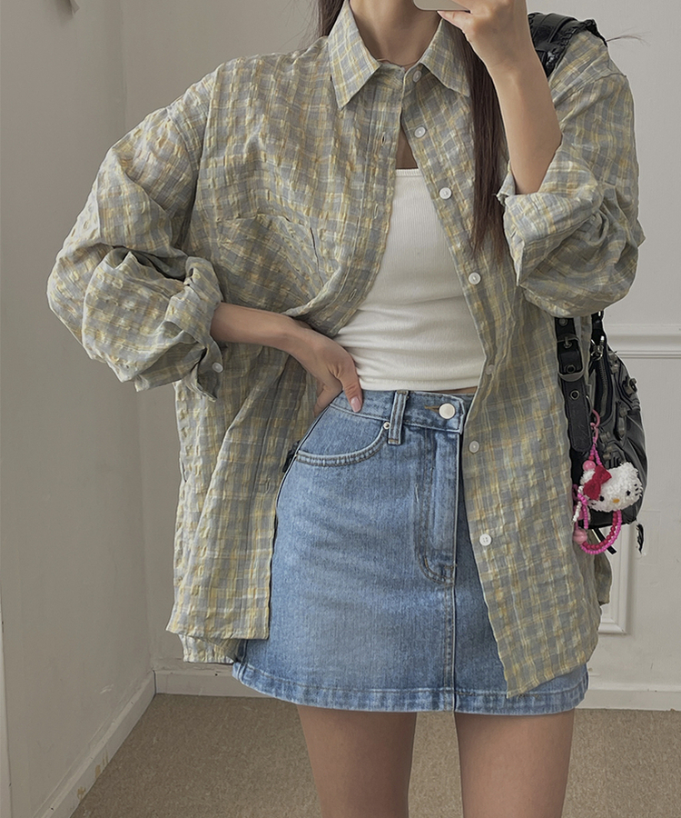 チェックリネンロングシャツ GREY