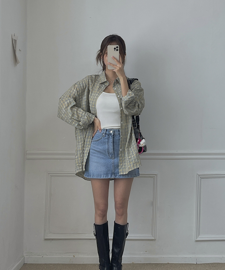 チェックリネンロングシャツ GREY