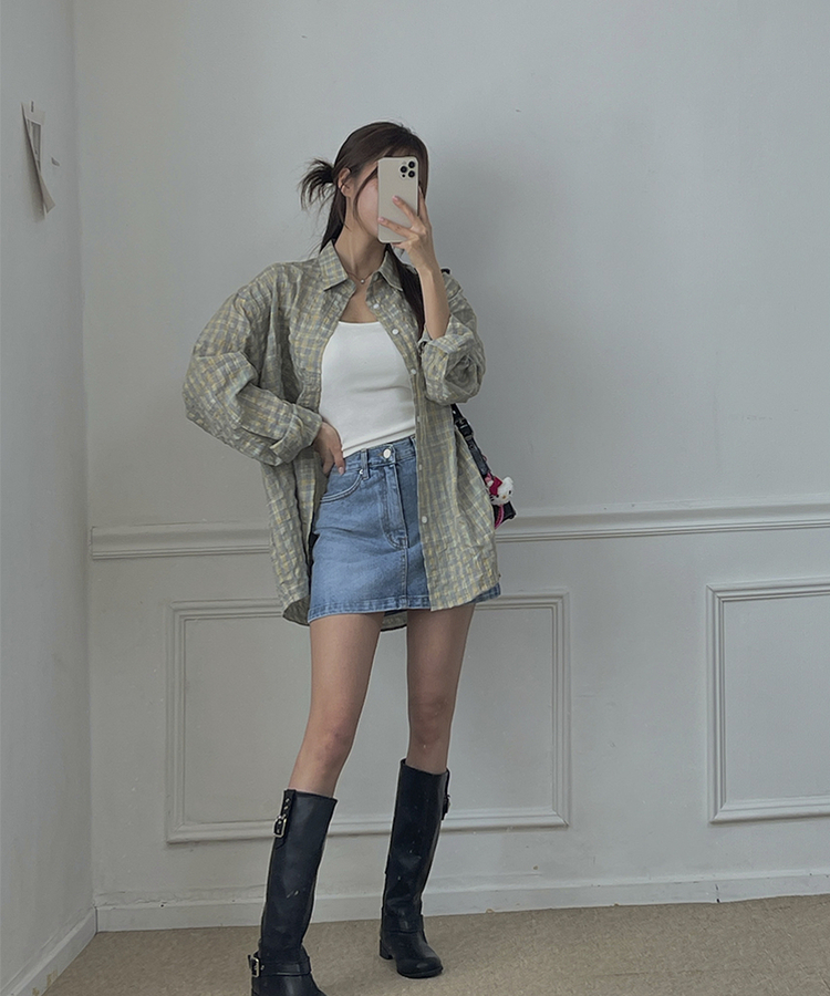 チェックリネンロングシャツ GREY