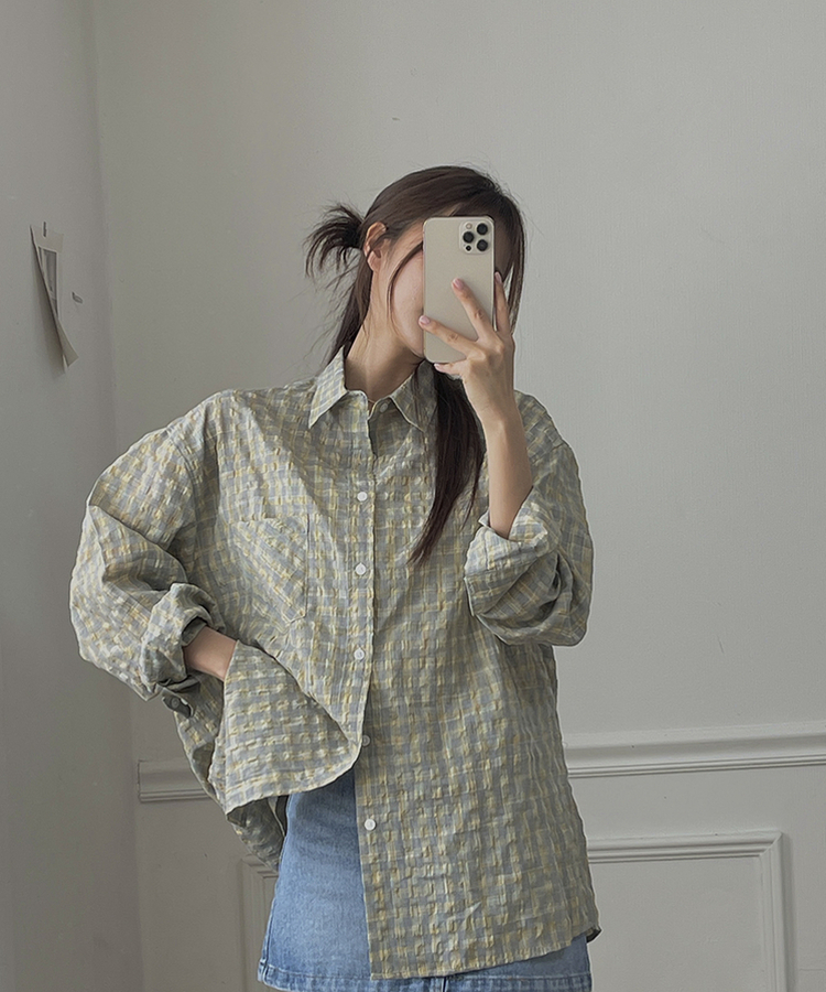 チェックリネンロングシャツ GREY