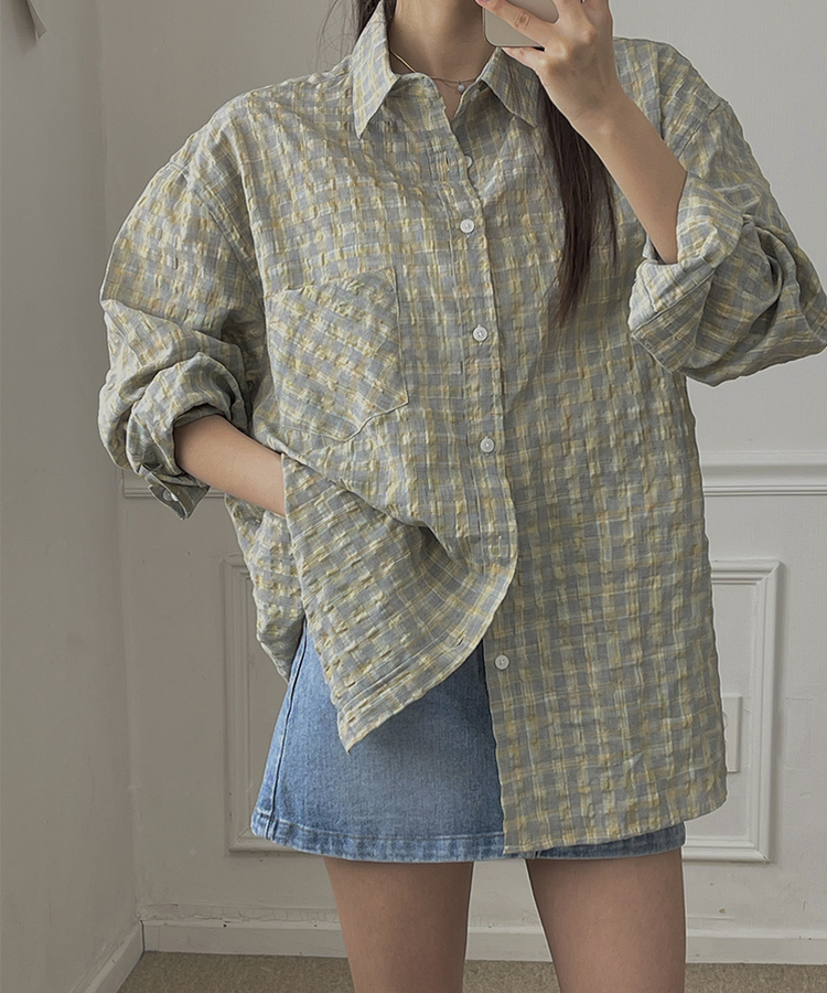 チェックリネンロングシャツ GREY
