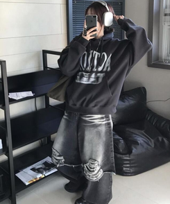 ワイド レイヤードデニムパンツ BLACK DENIM