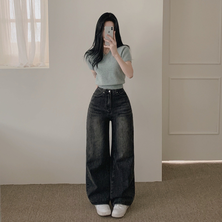 【丈別】ポケットウォッシングデニムワイドパンツ BLACK DENIM