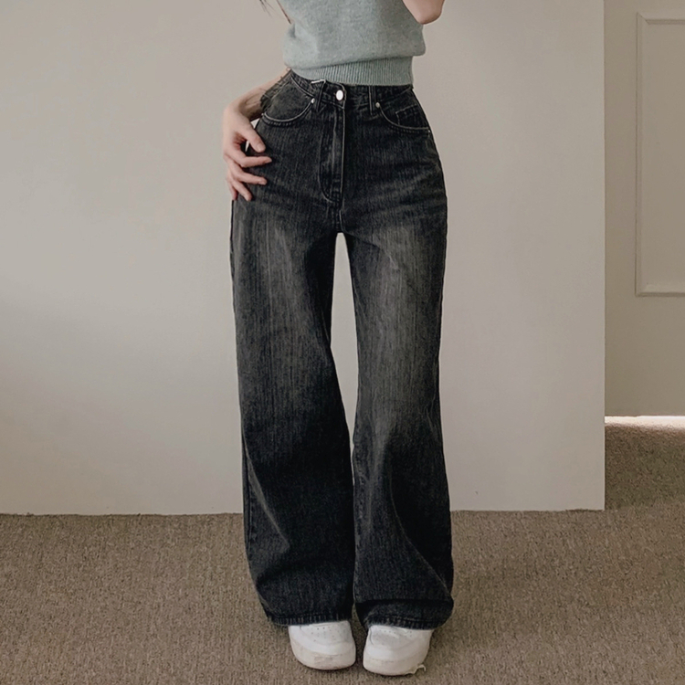 【丈別】ポケットウォッシングデニムワイドパンツ BLACK DENIM