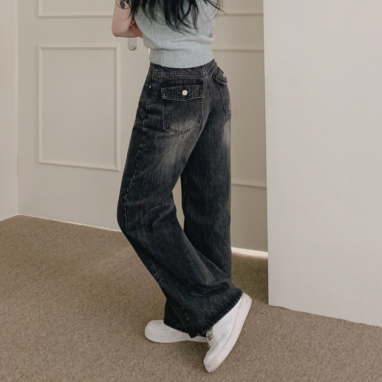 【丈別】ポケットウォッシングデニムワイドパンツ BLACK DENIM