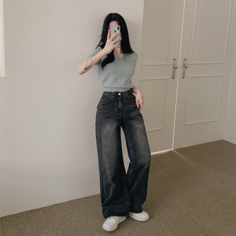 【丈別】ポケットウォッシングデニムワイドパンツ BLACK DENIM