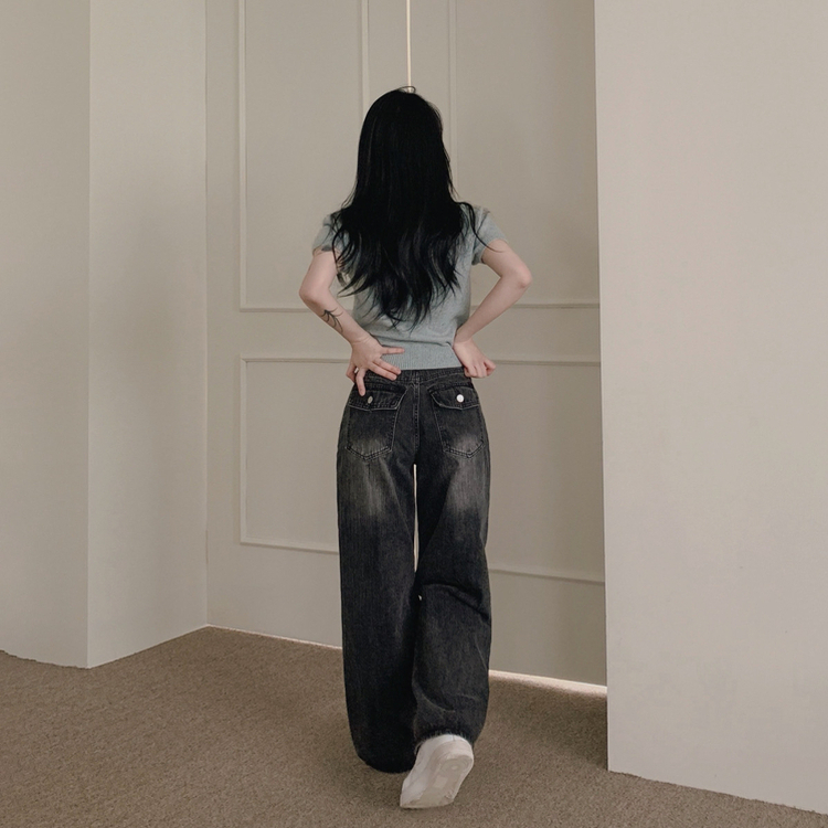 【丈別】ポケットウォッシングデニムワイドパンツ BLACK DENIM