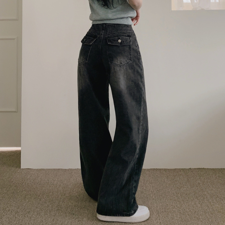 【丈別】ポケットウォッシングデニムワイドパンツ BLACK DENIM