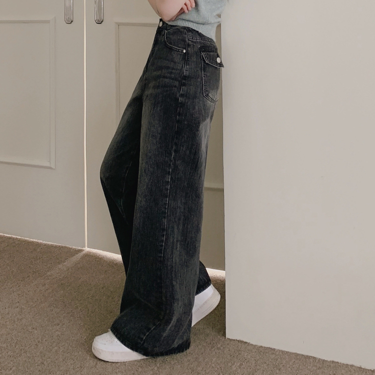 【丈別】ポケットウォッシングデニムワイドパンツ BLACK DENIM