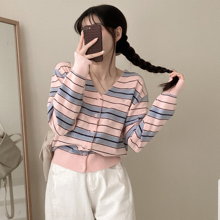 Vネックバイカラーストライプカーディガン PINK