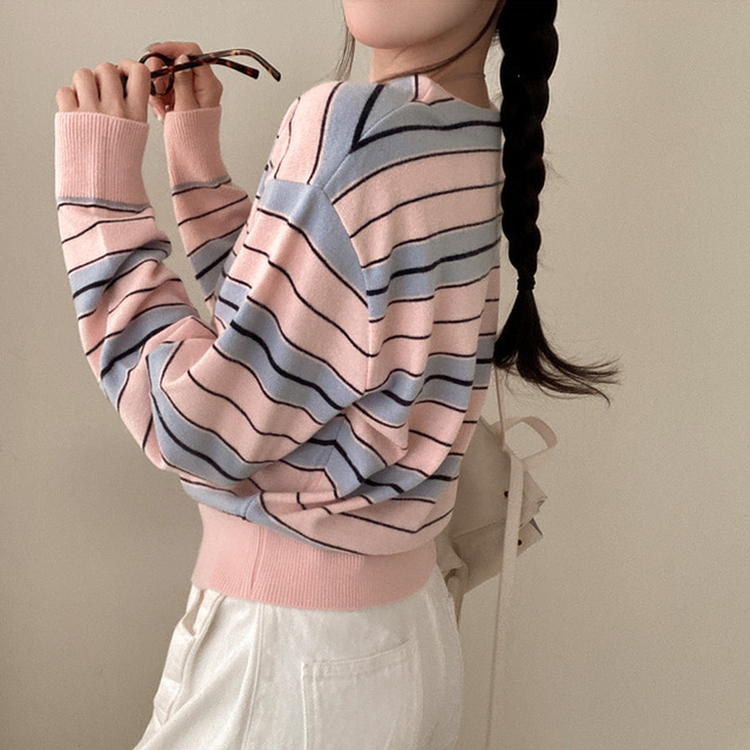 Vネックバイカラーストライプカーディガン PINK