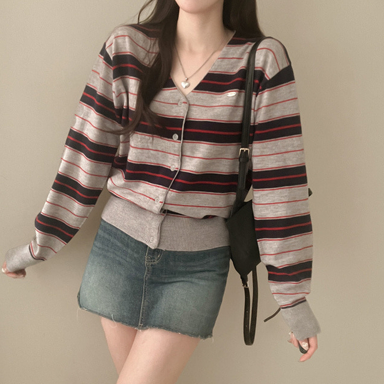 Vネックバイカラーストライプカーディガン GREY