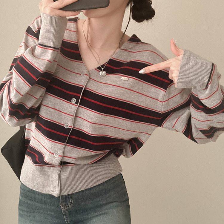 Vネックバイカラーストライプカーディガン GREY