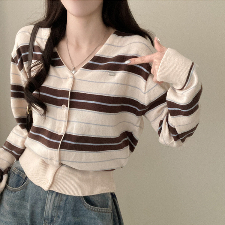 Vネックバイカラーストライプカーディガン LIGHT BEIGE