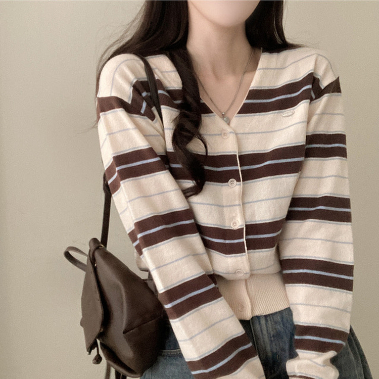 Vネックバイカラーストライプカーディガン LIGHT BEIGE