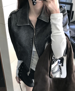 ジャケット 7分丈ウォッシングレザージャケット BLACK