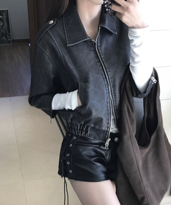 ジャケット 7分丈ウォッシングレザージャケット BLACK