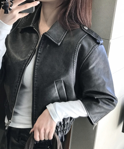 ジャケット 7分丈ウォッシングレザージャケット BLACK