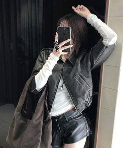 ジャケット 7分丈ウォッシングレザージャケット BLACK