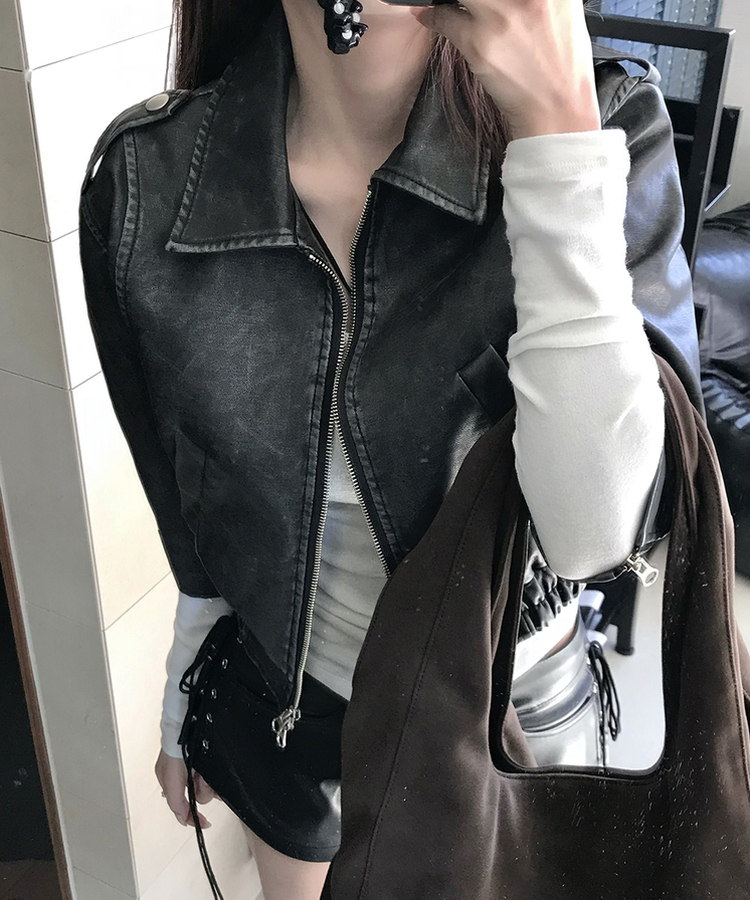 7分丈ウォッシングレザージャケット BLACK