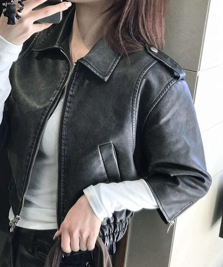 7分丈ウォッシングレザージャケット BLACK