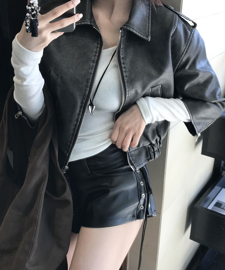7分丈ウォッシングレザージャケット BLACK