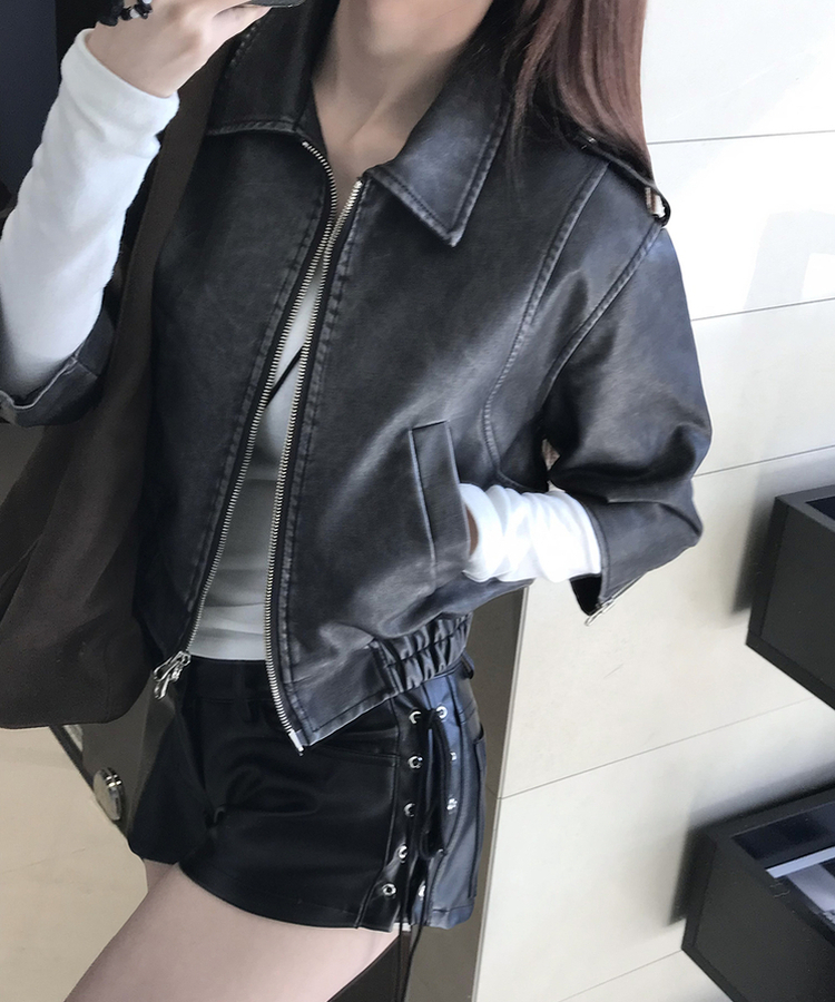 7分丈ウォッシングレザージャケット BLACK