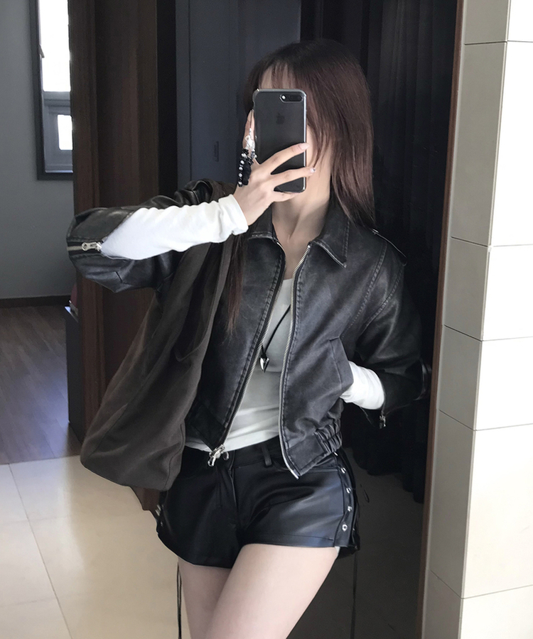 7分丈ウォッシングレザージャケット BLACK