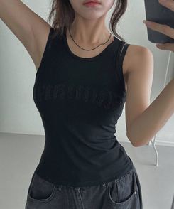 ノースリーブ レタリングスパンホールターキャミソール BLACK