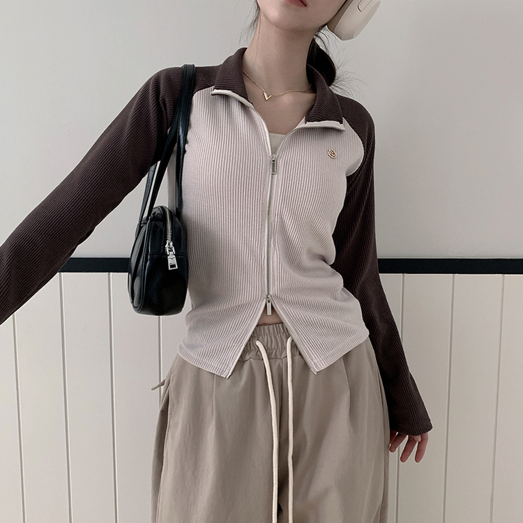 クロップバイカラージップアップ BROWN