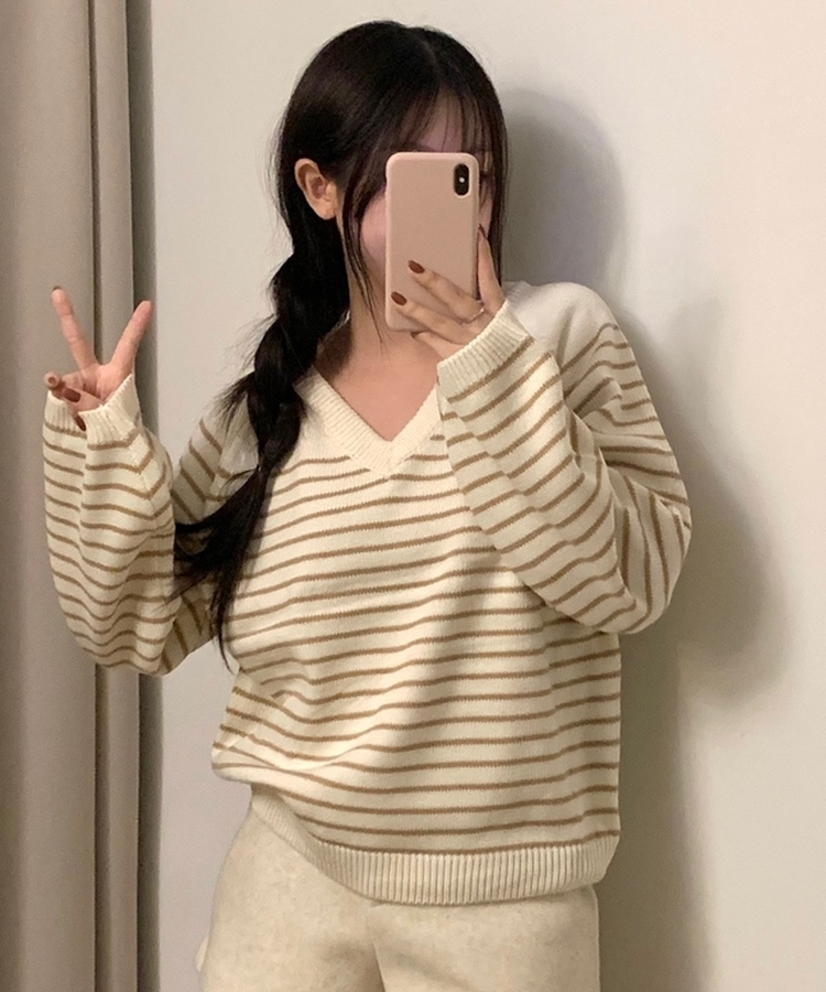 Vネックルーズストライプニット CAMEL