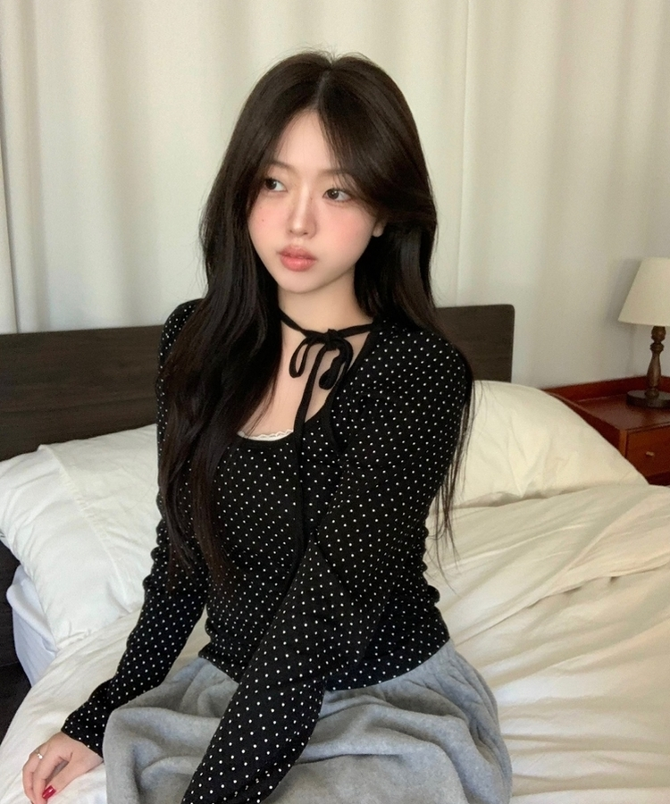 【タイ付き】ドットシャーリングリボン長袖Tシャツ BLACK