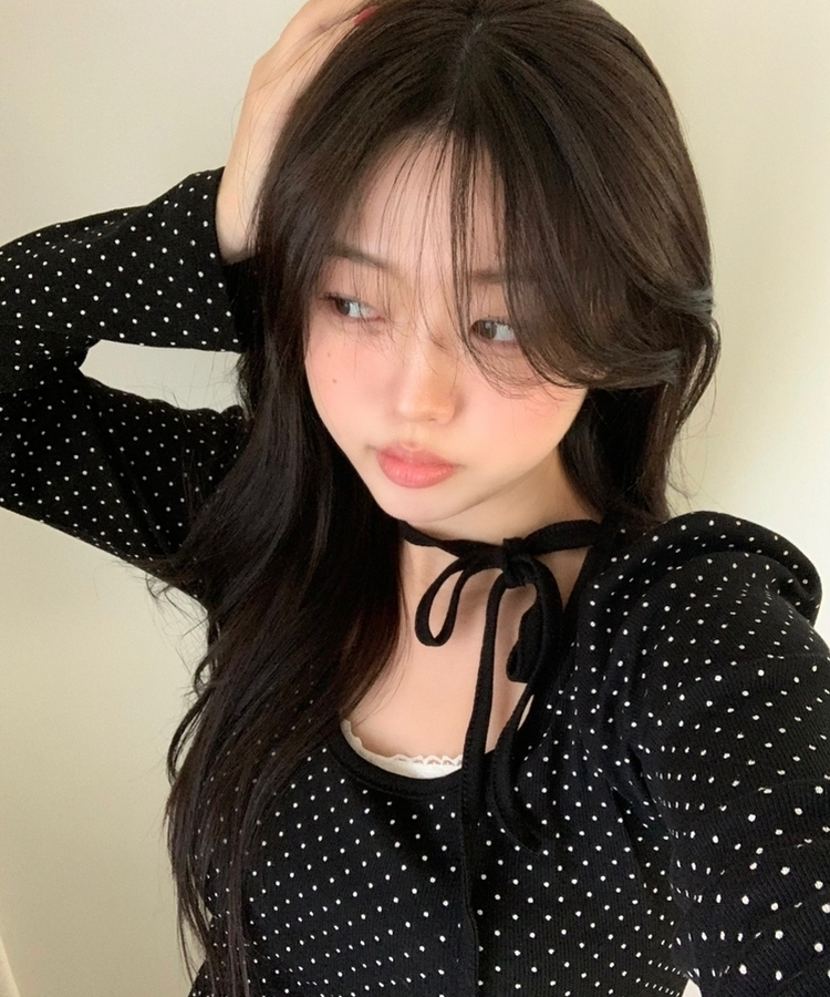 【タイ付き】ドットシャーリングリボン長袖Tシャツ BLACK