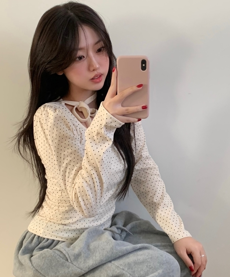 【タイ付き】ドットシャーリングリボン長袖Tシャツ CREAM